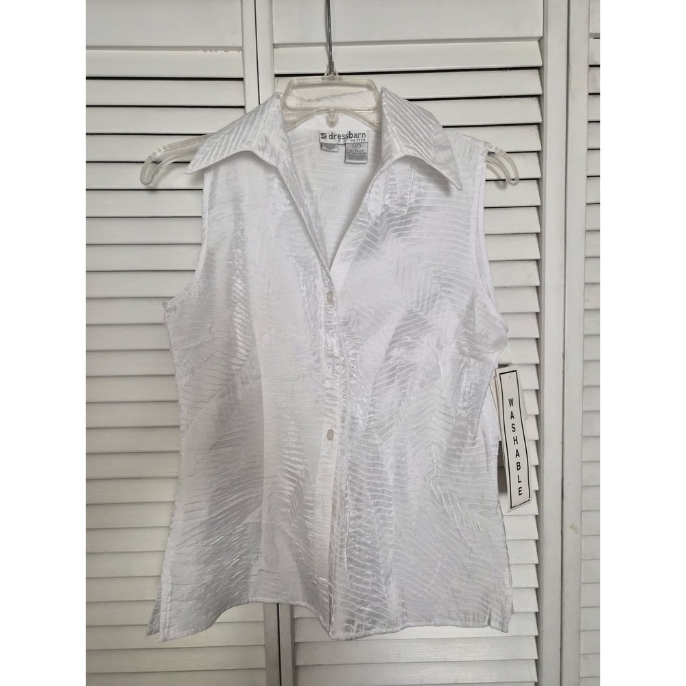 Dressbarn Petite White Sleeveless Textured Button Down Blouse 8P NEW